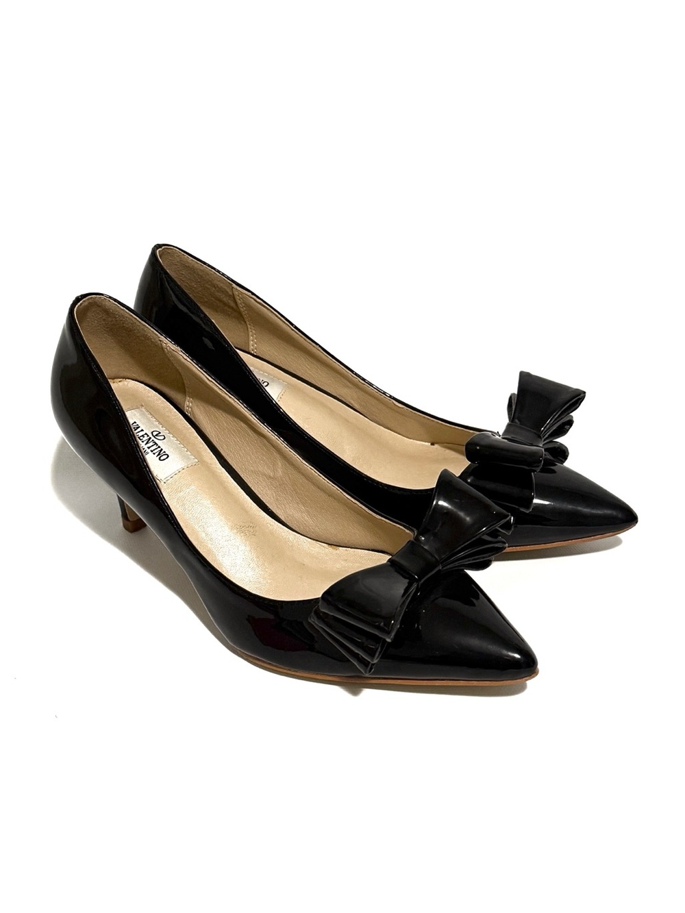 Valentino Garavani Vintage Black Patent Pointed-Toe Bow Kitten Heels EU 38 US 8